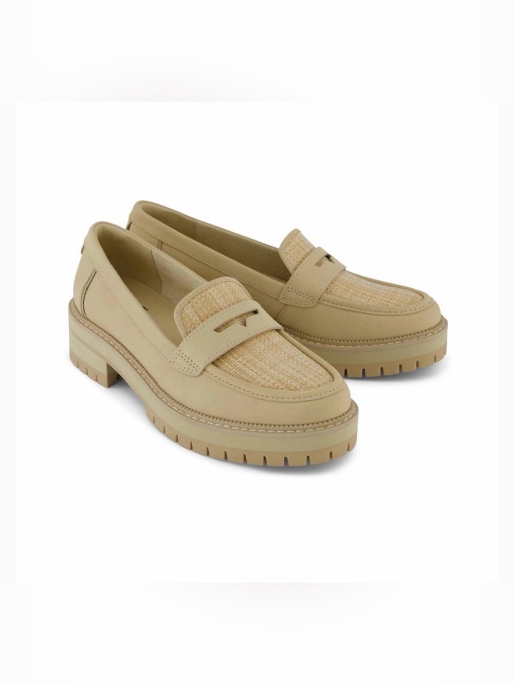TOMS Women's Beige Leather Raffia Lug Sole Loafers - Picture 2 of 8